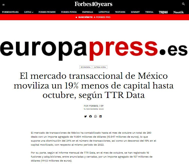 El mercado transaccional de México moviliza un 19% menos de capital hasta octubre, según TTR Data